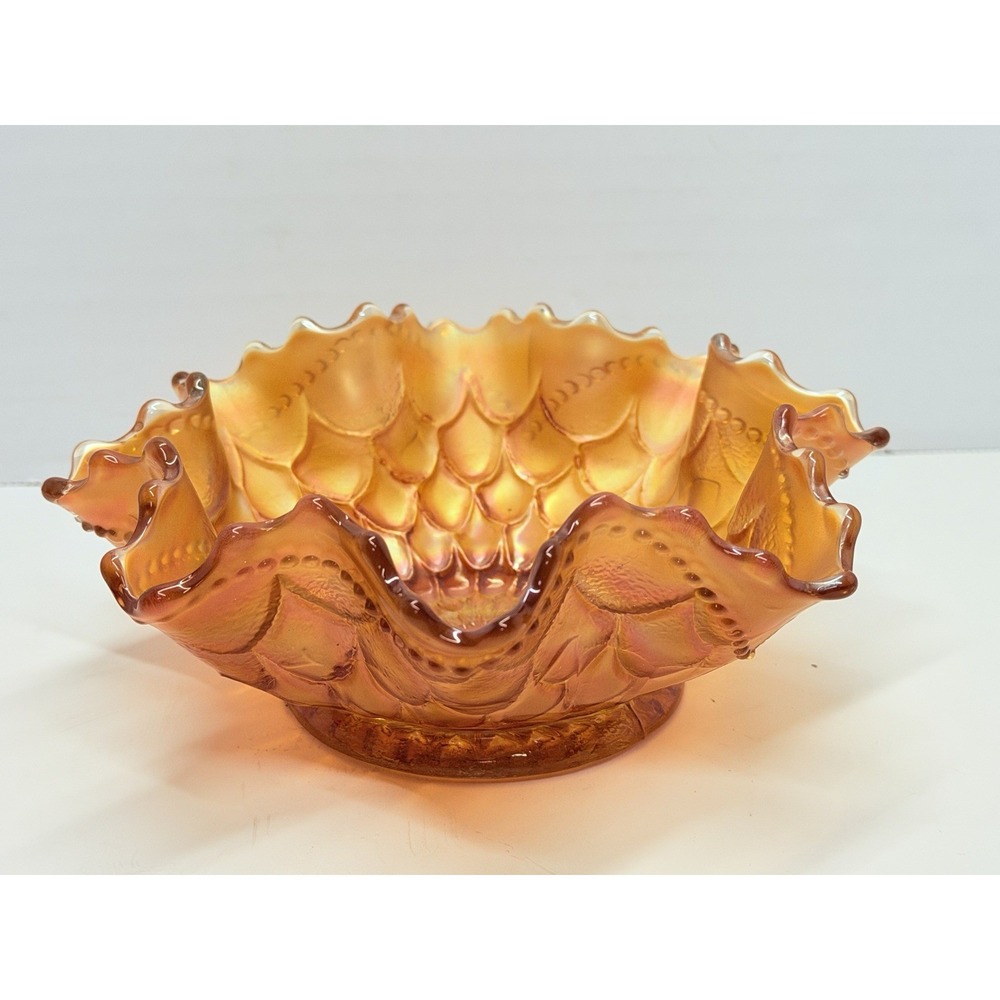 Antique Dugan Fishscale & Beads Marigold Carnival Glass Ruffled Bowl